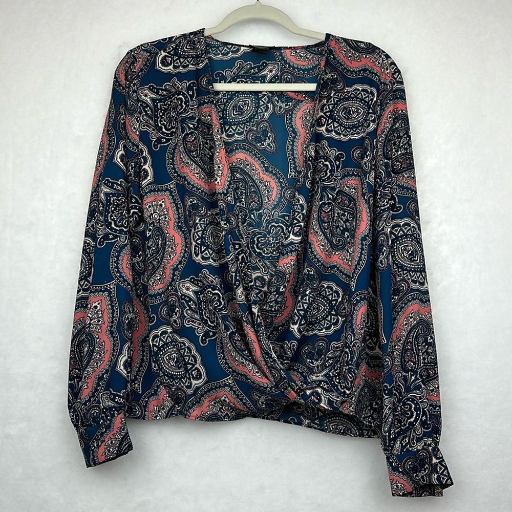 Ann Taylor faux French tuck wrap front blouse Boho Sz M Long Sleeves